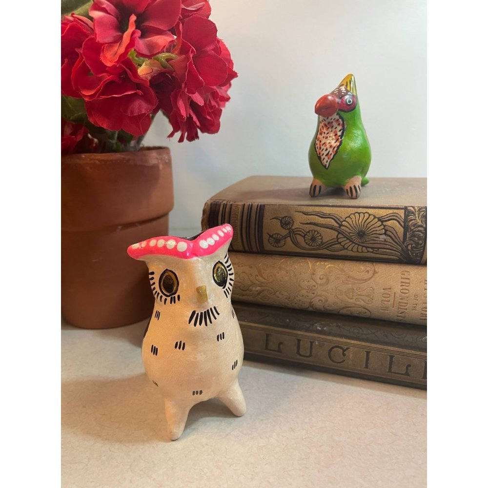 Pair Traditional Mexican Folk Art Tonala Pottery Owl Bird Figurine Whistle